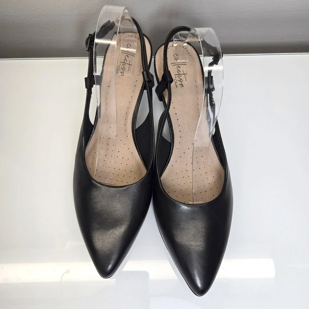 Clarks Linvale Loop Slingback Kitten Heels 11.5M‎ Black Leather Comfort Office